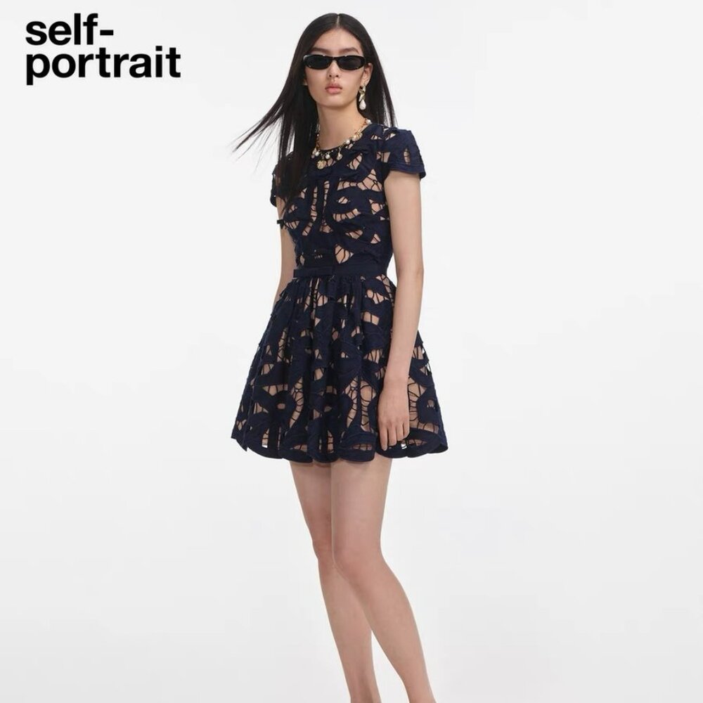 Self-Portrait Dark Blue Embroidery Short Dress